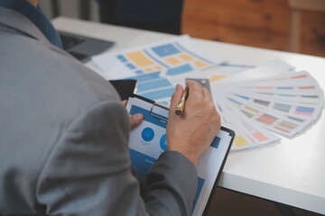 Close up ux developer and ui designer use augmented reality brainstorming about mobile app...