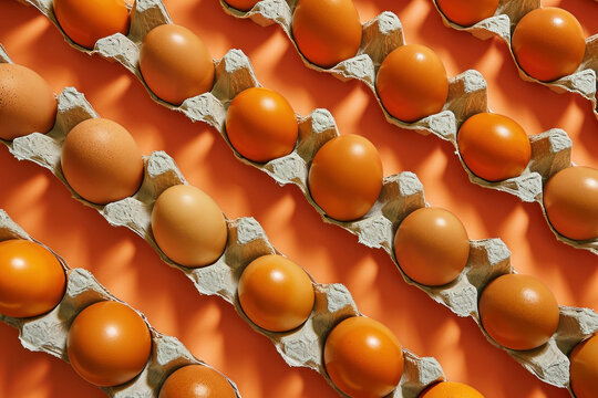 Rows of eggs in cartons on orange background with one egg per carton