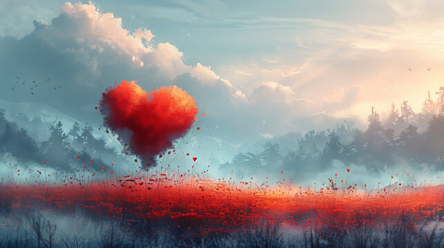 Heart shaped cloud, landscape, tree, illustration, fog