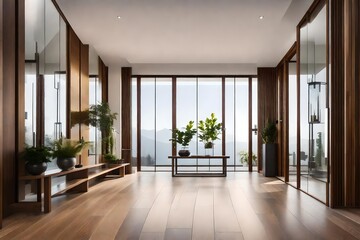 Glass-walled entry hall and foyer including a staircase, console table, bench, and wooden door.