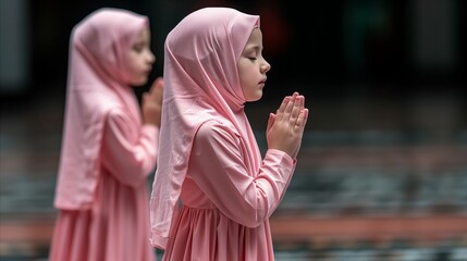 Young Girls in Pink Hijabs Praying Peacefully Outdoors