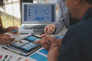 Close up ux developer and ui designer use augmented reality brainstorming about mobile app interface wireframe design on desk at modern office.Creative digital development agency