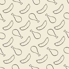 Seamless pattern with sausages, chicken legs, steak, and chili peppers. Vector illustration