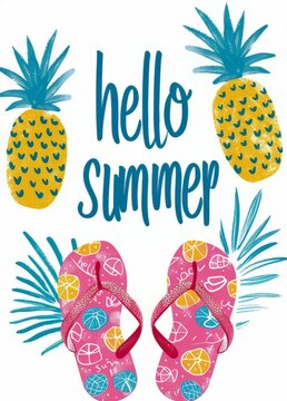  "Hello Summer" typography with a pair of pink flip flops decorated with vibrant pineapple patterns on a white background