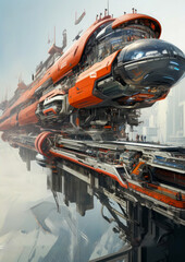  A Futuristic metropolis of a Majestic  huge black Red Spaceship