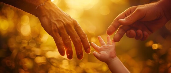 Child's hand grasping parent's finger, close bond, warm tones, tender touch