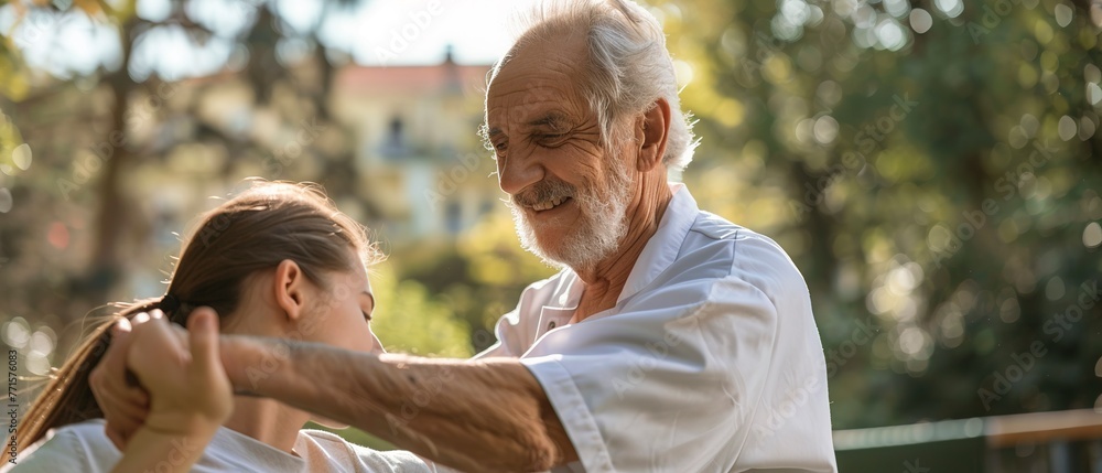 Wall mural Physiotherapist assisting elderly in walking, encouragement, close angle. 