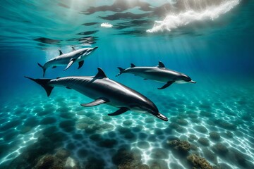 Dolphins diving beneath the ocean.