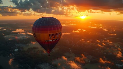 A hot air balloon spelling out "HAPPY NEW YEAR 2025" against a colorful sunrise