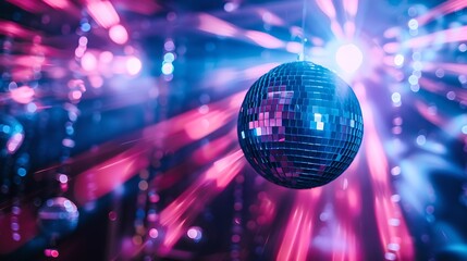 Vibrant Disco Ball Radiating Light in a Nightclub Atmosphere. Energetic Party Vibes Captured in Style. Perfect for Dance and Music Themes. AI