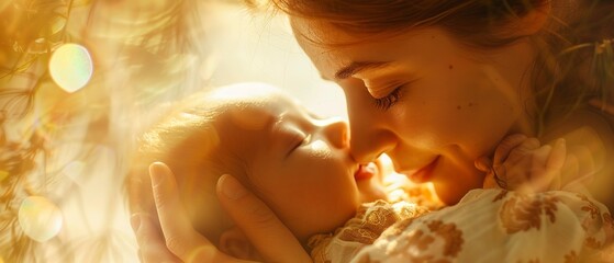 Mother's first touch with newborn, tender love, close view, gentle lighting. 