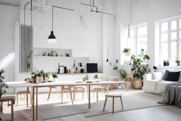 Scandinavian minimalist loft with a white kitchen, living room, and bedroom, and traditional interior decor in a one-room flat.