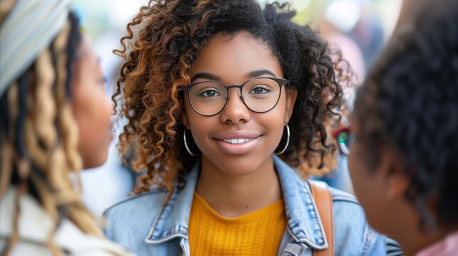 Smiling Young Woman in Glasses Engaging in Conversation Outdoors