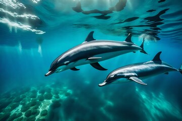 Obraz na płótnie Canvas Dolphins diving beneath the ocean.