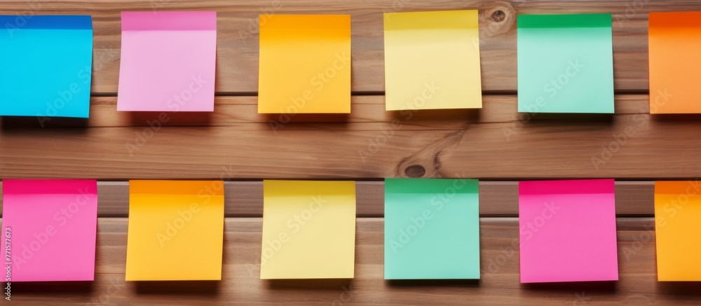 Poster a row of bright sticky notes in shades of yellow and electric blue arranged symmetrically on a woode