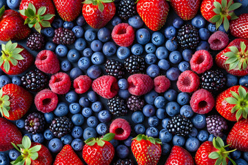 A bunch of berries and strawberries are arranged together in a pattern - Powered by Adobe