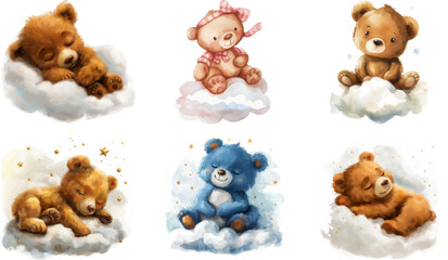Watercolor clipart with cute bears on a cloud
