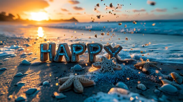 A sand sculpture spelling out "HAPPY NEW YEAR 2025" on a beach at sunset