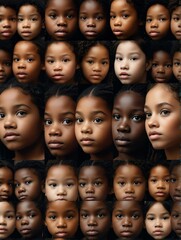 Obraz premium Abstract black theme collage of diverse inclusive human child faces art design illustration from Generative AI