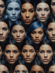 Obraz premium Abstract blue theme collage of diverse inclusive human woman faces art design illustration from Generative AI