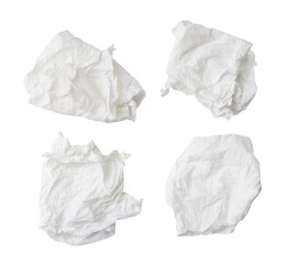 Top view set of crumpled tissue paper balls after use in toilet or restroom isolated on white...
