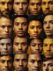Abstract yellow theme collage of diverse inclusive human man faces art design illustration from Generative AI