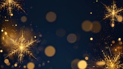 Dark blue and gold particles. Bokeh golden Christmas light particles on dark blue background. Gold foil texture. Holiday concept - obrazy, fototapety, plakaty