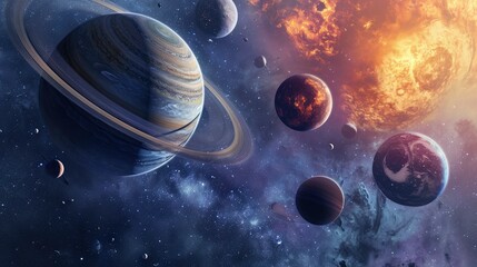 A visually captivating digital artwork depicting a stylized and colorful rendition of the solar system with dynamic lighting.