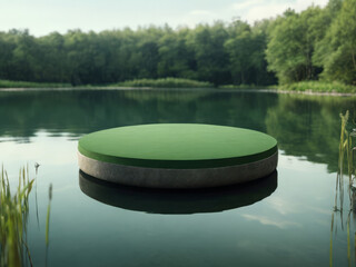 Platform for product showcase at lake. Green dock at lake. Green platform floating in lake.