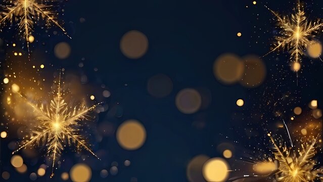 Dark blue and gold particles. Bokeh golden Christmas light particles on dark blue background. Gold foil texture. Holiday concept
