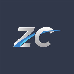 Initial letters ZC vector illustrations designs with overlapping swoosh for company logo on black dark blue background.