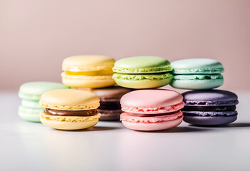 Obraz premium Colorful macaroons on a wooden table, sweet French delicacies with a variety of flavors and vibrant hues