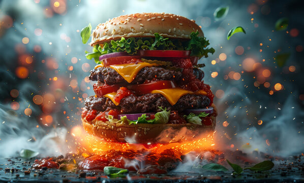 A burger is on fire and is surrounded by smoke. The burger is made of three patties, two slices of cheese, and lettuce