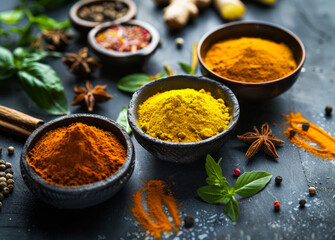 Three bowls of spices are on a table with a black background. The spices include cumin, turmeric, and paprika