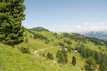Beautiful summer view on the Italian dolomites mountains. Alpine meadow in the foreground, rocky Italian mountains in the background. Sunny summer day. Villnöß, Villnöss Valley, South Tyrol. - obrazy, fototapety, plakaty
