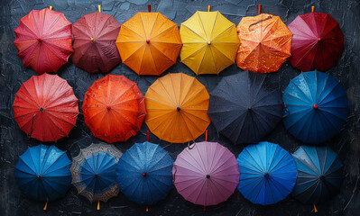 A row of colorful umbrellas are displayed on a wall. The umbrellas are of various colors and sizes, creating a vibrant and lively atmosphere.