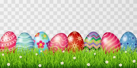 Set of Easter eggs isolated on png background. Cute Easter eggs hidden in green grass. Vector illustration, spring holiday concept 