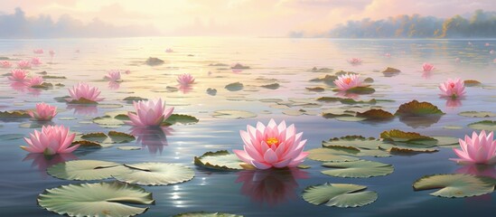 An art piece depicting water lilies, also known as Lotus flowers, floating on the surface of a tranquil lake, showcasing the beauty of terrestrial plants in a natural landscape - obrazy, fototapety, plakaty