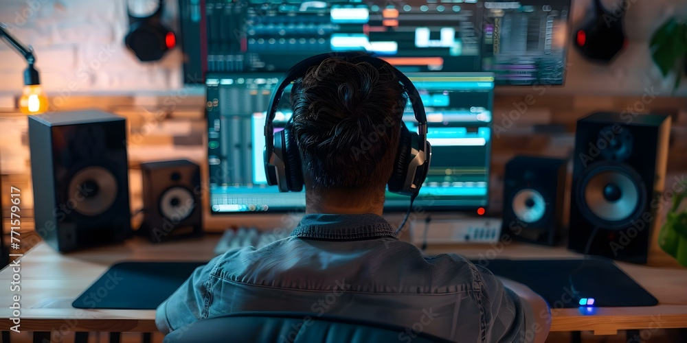 Poster sound engineer editing audio tracks in home studio adjusting music volume and mastering tunes. conce