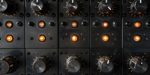 Closeup of buttons and switches on an audio mixer control panel used in music production or live events. Concept Audio Mixer Control Panel, Closeup Shot, Music Production, Live Events