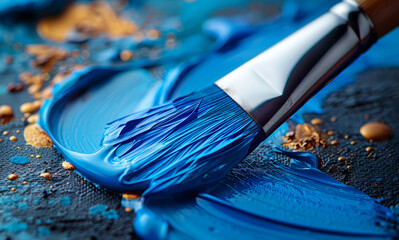 A blue paintbrush is on a blue paint palette with some paint on it. Scene is calm and peaceful, as the brush