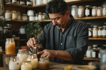Hispanic Small Business Owner Crafting Candles Carefully