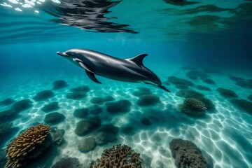 Fototapeta na wymiar Dolphins diving beneath the ocean.