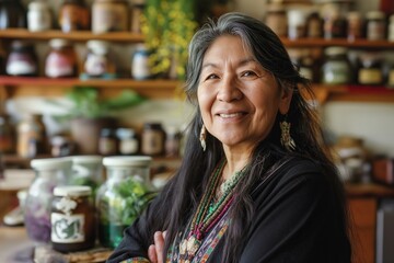 Native American Woman Entrepreneur in Her Herbal Shop - obrazy, fototapety, plakaty