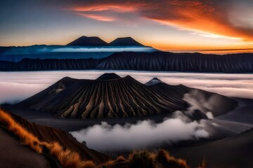 Dawn in the steaming crater of Mount Bromo, with the majestic Mount Semeru towering over the scene. - obrazy, fototapety, plakaty