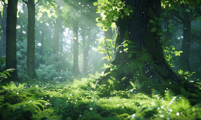 A forest with a tree in the middle. The tree is surrounded by green grass and moss.