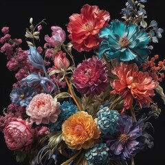painting of colorful flowers against a black background.