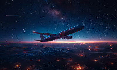 A plane is flying through the night sky with a starry background.
