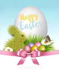 Happy Easter background. Colorful eggs and a rabbit made of green grass on a background of spring flowers and butterfly. Vector - 771580231