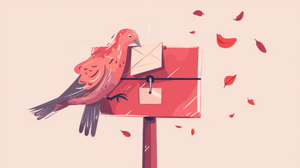 Pombo correio em uma caixa de correio - ilustração vermelha - obrazy, fototapety, plakaty